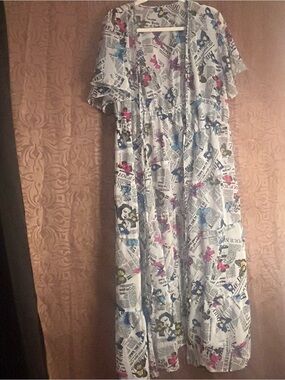 Live 4 Truth White Newspaper Print Maxi Kimono Dress with Pink & Blue Accents
